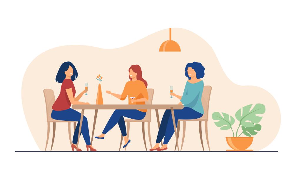Three female friends sitting in cafe at lunch and talking flat vector illustration. Women hanging out together. Friendship and communication concept.